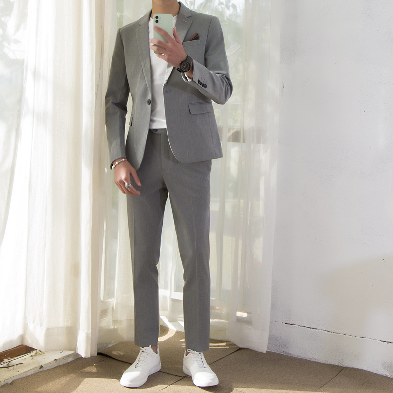 High-End Casual Small-Sized Suit Jacket, Trendy and Stylish, Mature Style Men's Gray Suit Set for Weddings