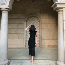 Law style small crowdfold GuHepburn small black dress temperament to finish waist and thin emulated silk sleeveless dress female summer