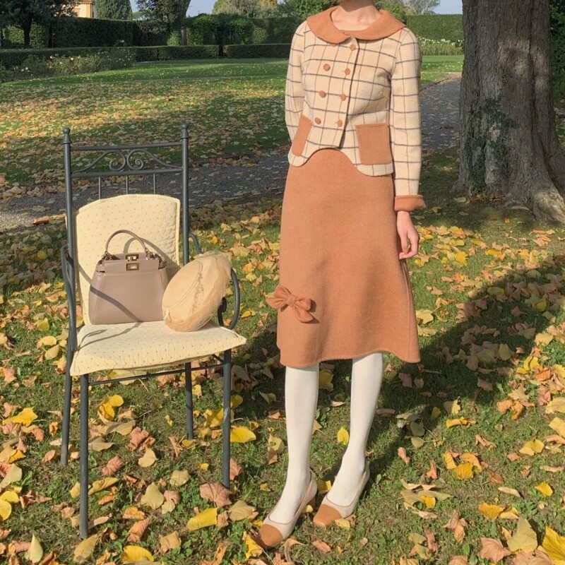 WangHanYan wool double-sided woolen plaid color matching retro Republic style gentle suit half skirt two-piece women