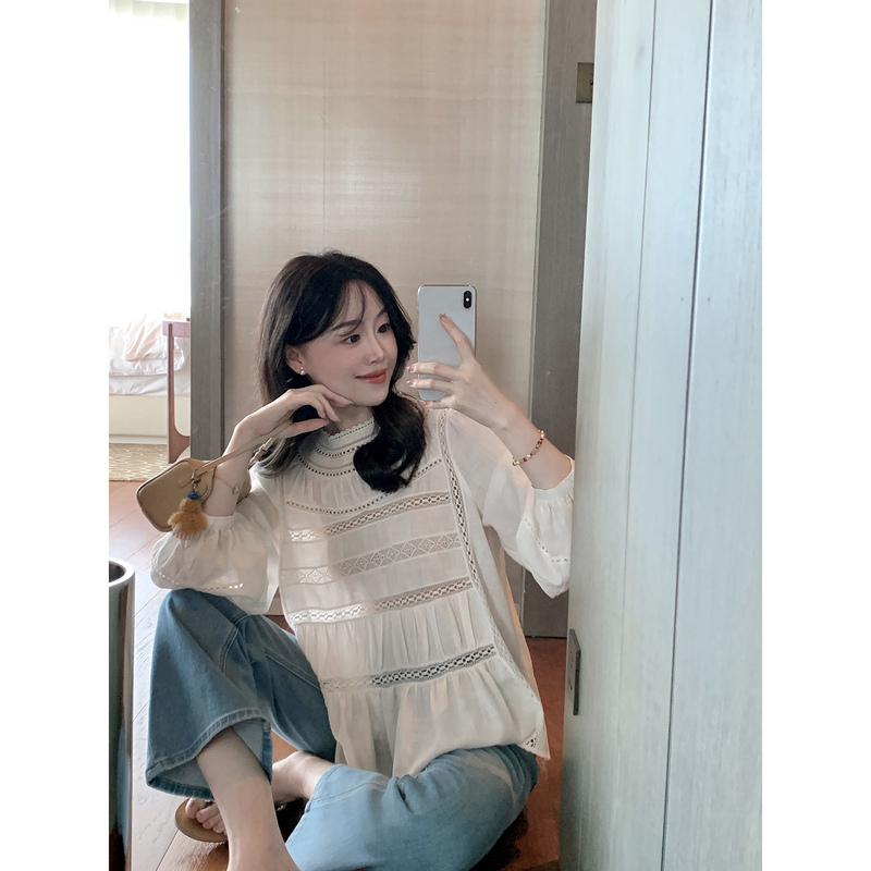 Wang Hanyan Daisy Ramie+Tencel Heavy Craft Gentle Lace Trim Long Sleeve Blouse Shirt for Women Summer Wang Hanyan Daisy Ramie+Tencel Heavy Craft Gentle Lace Trim Long Sleeve Blouse Shirt for Women Summer