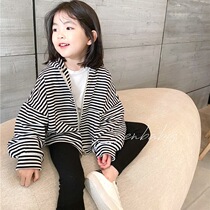 senbaby child clothes girl 2021 spring new Han Fan Ocean Gas striped Lianhood cardiovert children 100 hitch coat