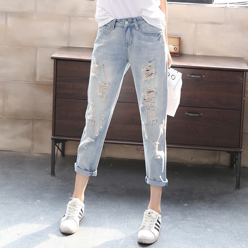 Hollow jeans female spring and summer high waist thin nine minutes fashion hundred leisure and easy and thin straight tube old dad Harlen pants