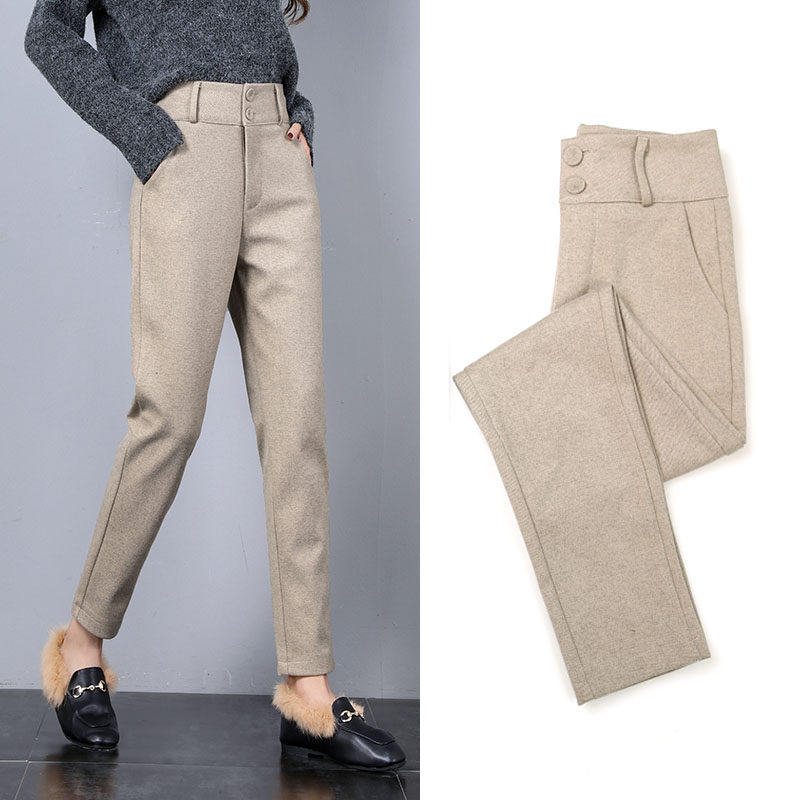 Woolen trousers women's 2022 spring and autumn new high-waisted loose all-match harem trousers straight tube thin and small feet casual trousers