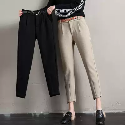 Plus velvet woolen pants women's autumn and winter 2021 New Korean version of slim high waist loose casual small feet straight tube lob pants