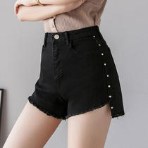 Black denim shorts womens high waist 2021 summer new slim size burrs loose wide legs wear Net red hot pants