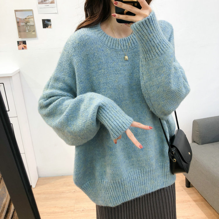 Lazy all-match round neck sweater women's 2022 spring and autumn new Korean version large size loose and thin long-sleeved knitted sweater coat