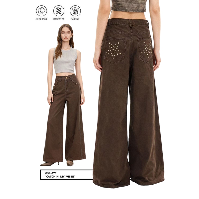 Brown Five-Star Rivet High-Waisted Wide-Leg Jeans for Women, New Autumn Style, Loose, Slimming, Drapey, Straight-Leg Casual Pants