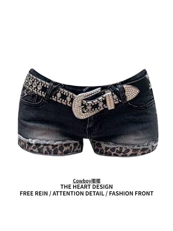 American-Style Y2K Spicy Girl Plus-Size Washed Retro Leopard Print Rolled Hem Denim Ultra-Short Shorts, Sexy Body-Hugging Slimming Hot Pants for Women