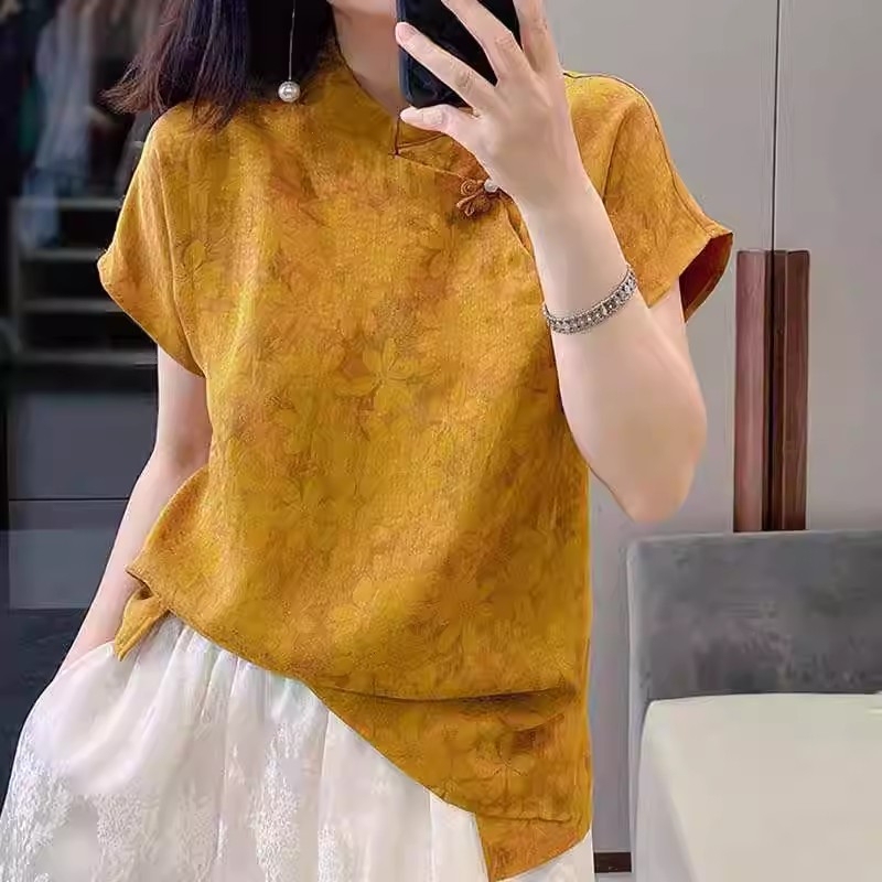 New Chinese-Style Yellow Button-Down Short-Sleeve Shirt for Women, 2026 Summer High-End Printed Top, Button-Down Short-Sleeve T-Shirt for Women New Chinese-Style Yellow Button-Down Short-Sleeve Shirt for Women, 2026 Summer High-End Printed Top, Button-Down Short-Sleeve T-Shirt for Women