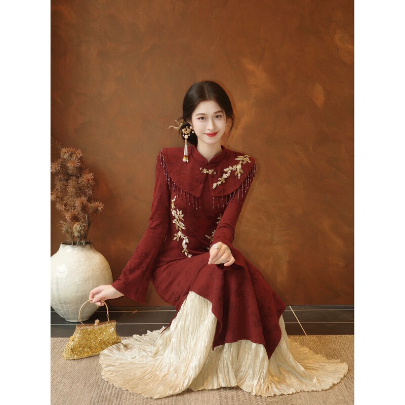 New Chinese-Style Tassel Shawl Modified Cheongsam Dress, Spring and Autumn Plus-Size Heavy Embroidery Banquet Dress, Engagement Dress, Dress New Chinese-Style Tassel Shawl Modified Cheongsam Dress, Spring and Autumn Plus-Size Heavy Embroidery Banquet Dress, Engagement Dress, Dress
