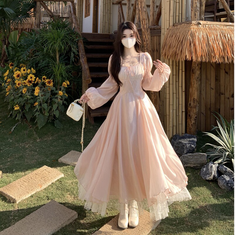 French Palace-Style Beautiful Mesh Dress for Women, Spring and Autumn, Plus Size, Gentle Style, Waist-Cinching, Elegant Long Dress