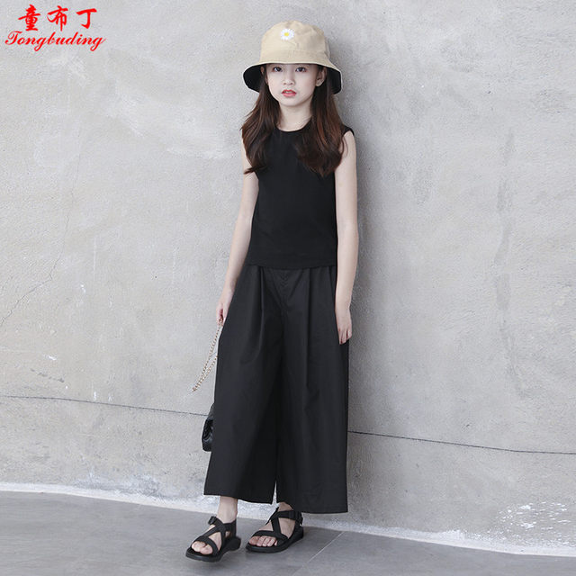 Girls' nine-point wide-leg pants 2023-year-old new spring and summer thin section loose casual culottes girl western-style vest suit 1