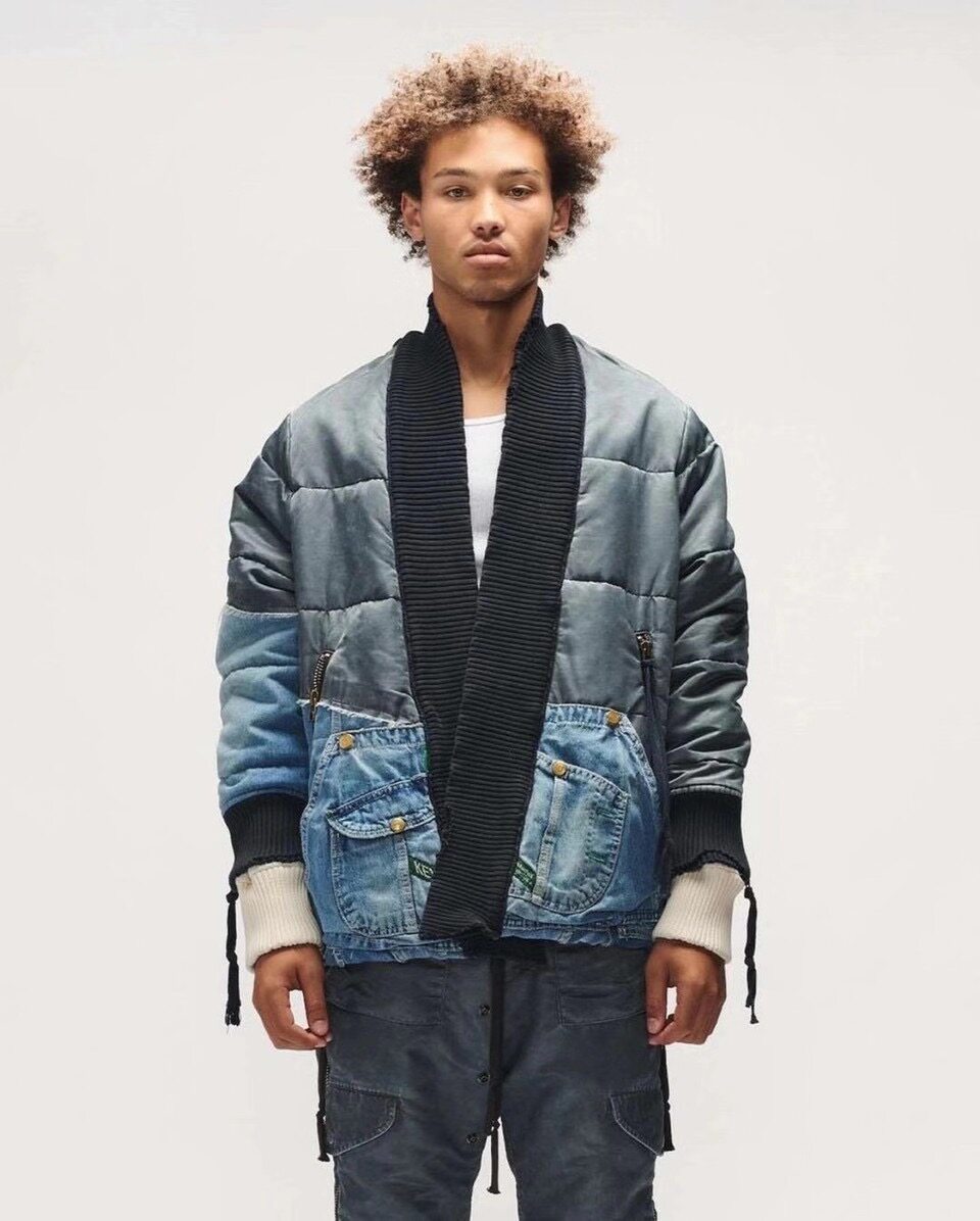 Greg Lauren quarter-end discount splicing jacket steel blue washed denim jacket autumn winter men