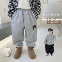 Slightly child clothing Boy plus suede pants 2021 new autumn and winter Chauding with trendy thickened children Fried Street Sports Pants