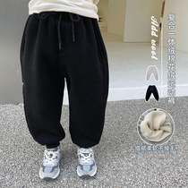 Slightly Child Clothing Boy Garnter Pants Winter Clothing Wave Handsome PANTS CHILDREN THICKENING INTEGRATED SUEDE SWEATPANTS