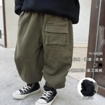 Slightly Child Clothing Boy Pants Plus Suede Winter Thickened Childrens Work Pants Day Tie Baby Long Pants Warm Ocean Gas Tide