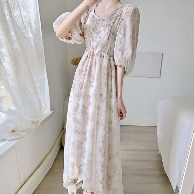 French chic high-end temperament long-sleeved floral dress noble fairy long skirt spring new women's clothing