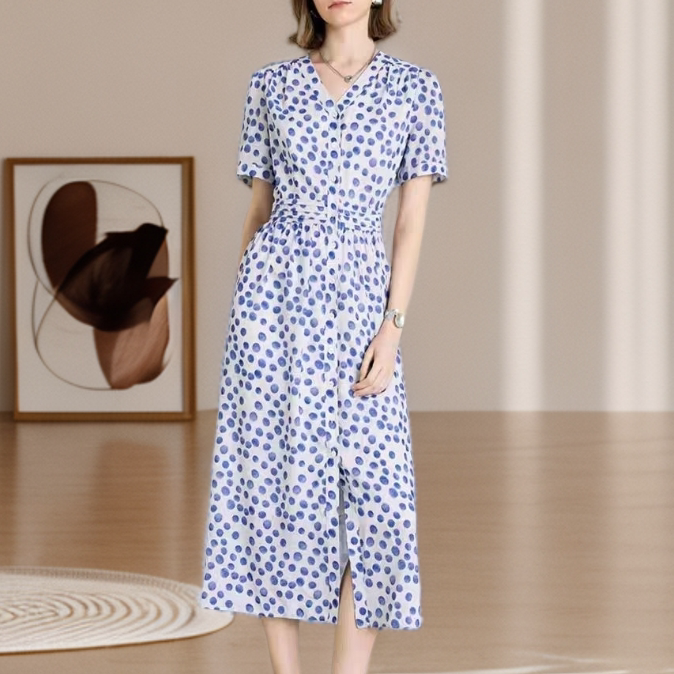 【925 Regular Edition Dress】Weile Printed Women's Blue Casual Mid-Length Dress 【925 Regular Edition Dress】Weile Printed Women's Blue Casual Mid-Length Dress