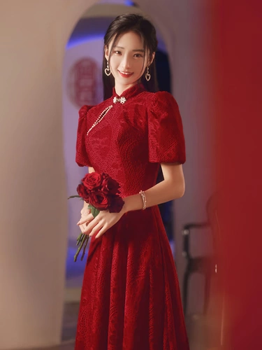 Вечернее платье, ципао, бордовое летнее свадебное платье