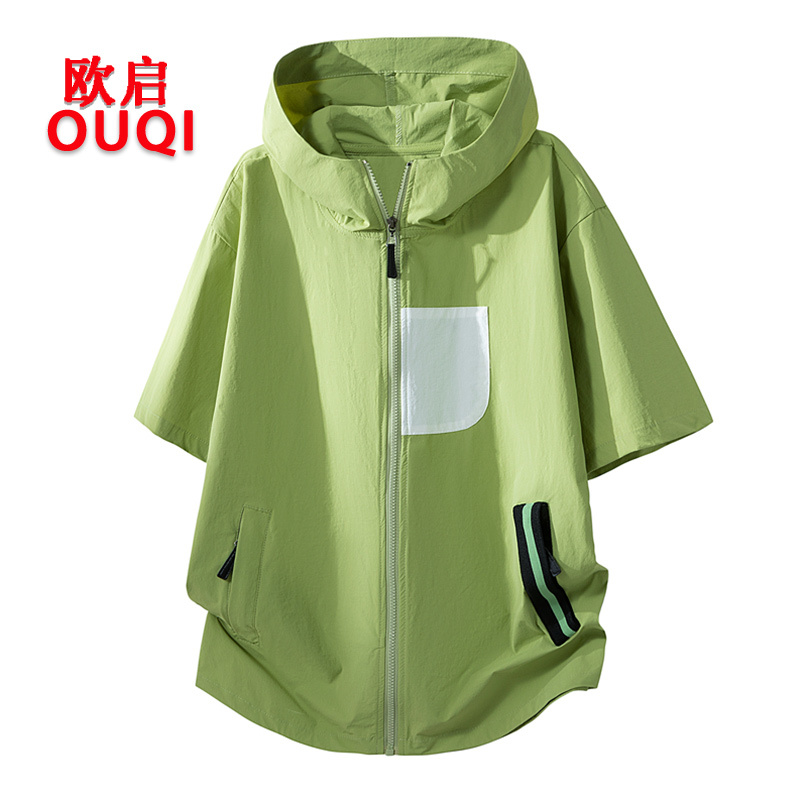 American-Style Workwear Hooded Short-Sleeve T-Shirt for Men 2026 New Casual Loose Trendy Brand Zip-Up Cardigan with Pockets Top Clothing