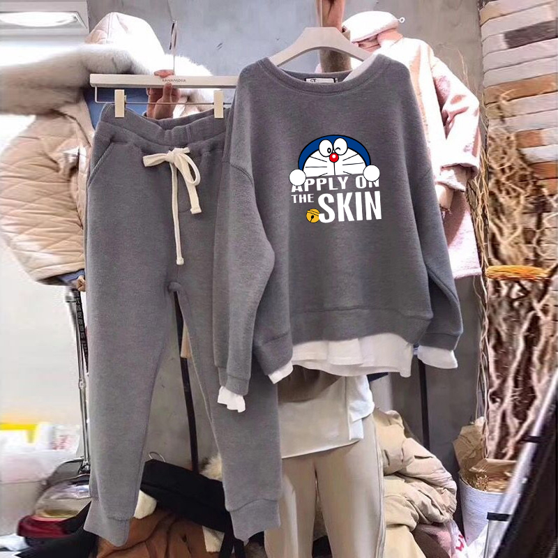 South Korea Great Gate Autumn Winter Plus Suede Fake Two Splicing Loose Clothing Women Harbor Taste Leisure Sports Two Suit Surges