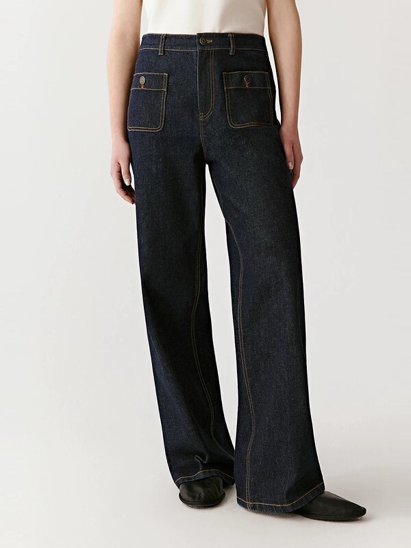 Hejia She: [Soil Denim] Brushed: Vintage Double-Pocket Cotton Stretch Denim Straight-Leg Jeans 83-280