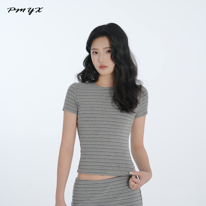 Pmyx New Summer Style Retro Striped Bottoming Shirt for Women, Elastic, Slim, Comfortable, Round Neck, Straight Shoulder, Soft Short-Sleeved T-Shirt