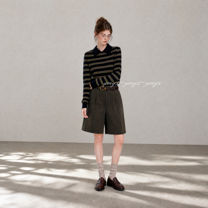 Pmyx Striped Navy Blue Knit Sweater Sheep Wool Top Base Layer Polo Shirt Retro Style Color-Blocking Loose Long-Sleeve