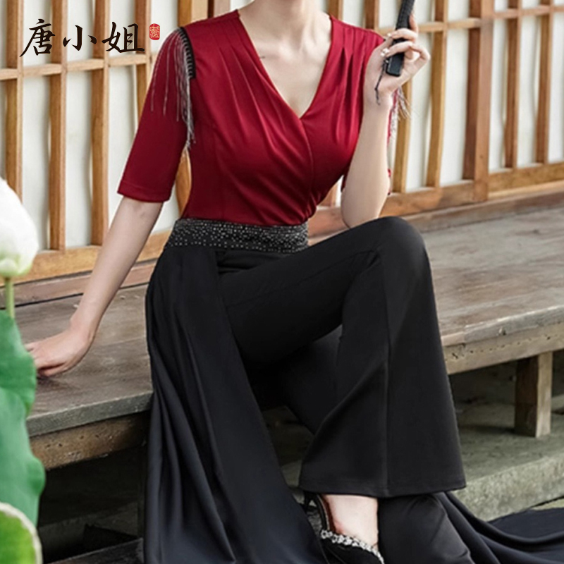 Tassel Dance Practice Outfit, Beginner Two-Day Class Clothing, Fashion V-Neck Red One-Piece Three-Piece Set