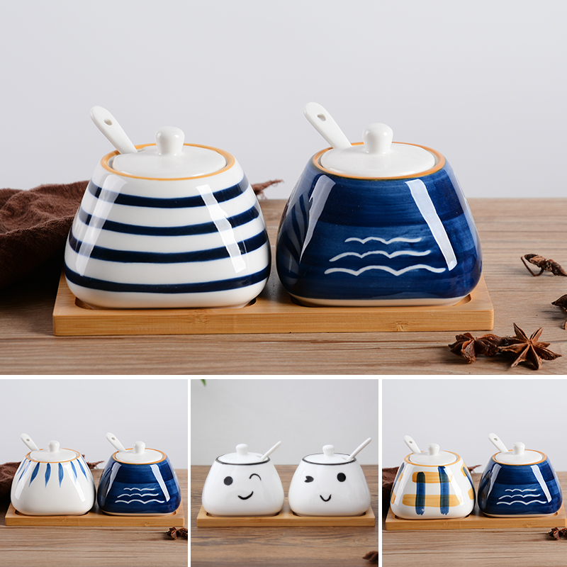 Full set of taste cans with base spoon ceramic cover to put cap oil flavor box salt tank home small fresh Japanese style