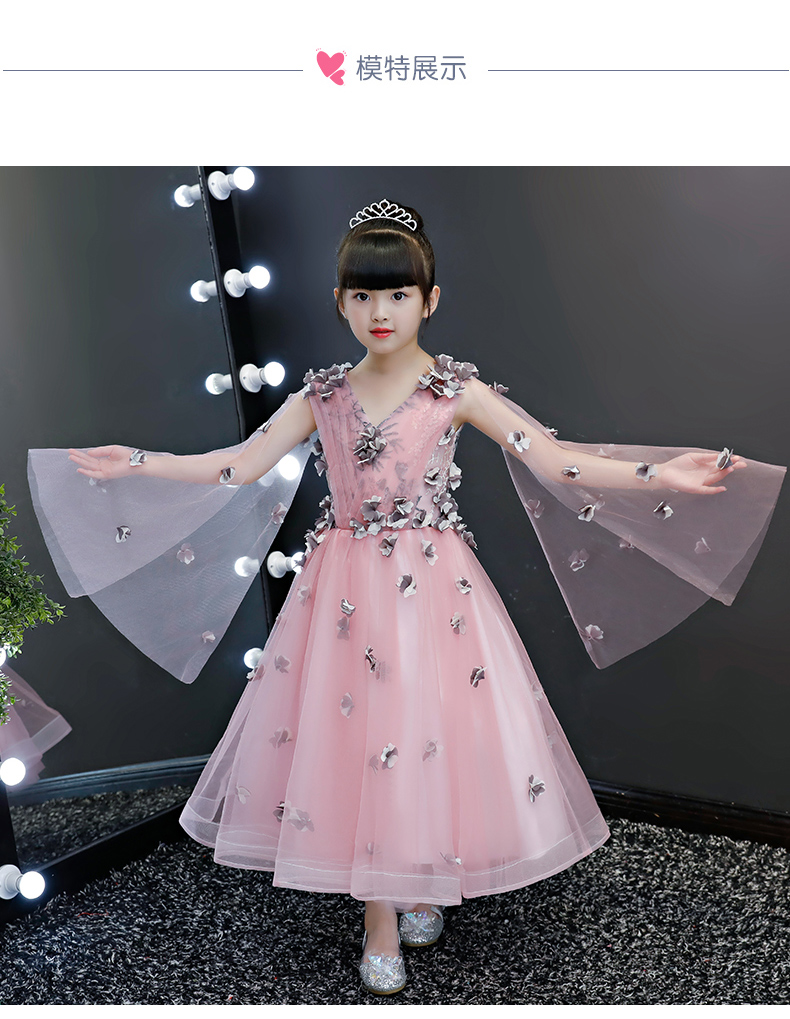 Cô gái hồng sinh nhật dài tay công chúa váy dài váy nhỏ ghế piano trang phục trẻ em trình diễn catwalk dạ hội mùa đông váy trẻ em