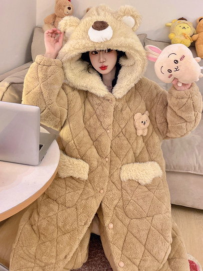 2026 New Autumn and Winter Women's Nightgown, Cute Three-Layer Quilted Pajamas, Fleece-Lined and Thickened Coral Fleece Loungewear