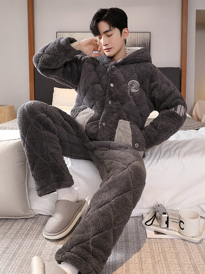 Three-layer quilted letter men's pajamas large size suit autumn and winter new coral velvet plus velvet thickened home clothes