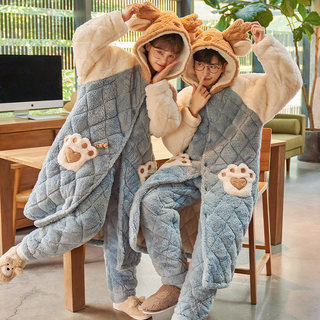 Winter Couple's Pajamas, Women's Long Robe Set, Fleece-Lined and Thickened, Trendy Coral Fleece Three-Layer Quilted Home Wear