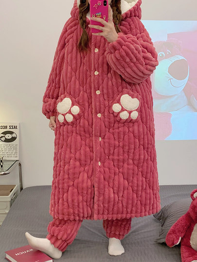 Three-Layer Quilted Long Nightgown, Thickened Coral Fleece, Plush Strawberry Bear Pajamas for Women, Winter Flannel Set