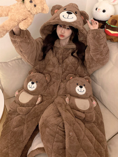 Women's New Autumn and Winter Three-Layer Quilted Bathrobe Set, Coral Fleece Nightgown, Fleece-Lined and Thickened Pajamas, Loungewear