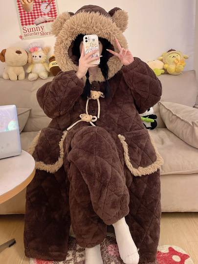 Winter Three-Layer Quilted Maternity Pajamas, Plus-Size Maternity Wear, Women's Coral Fleece, Thickened Sleepwear, Loungewear