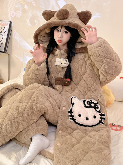 Autumn and Winter New Women's Three-Layer Quilted Coral Fleece Pajamas, Thickened and Fleece-Lined Set, Cute Loungewear