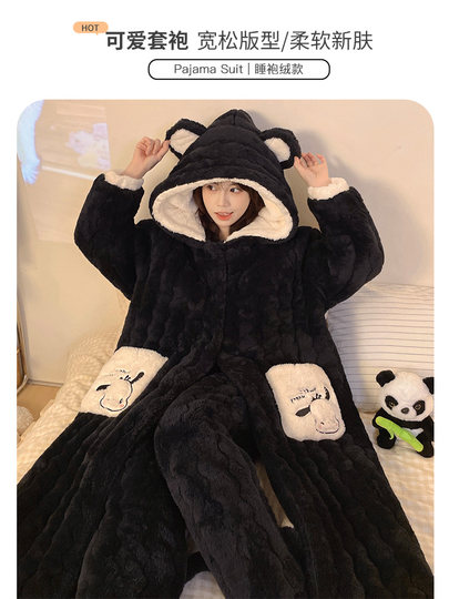 Three-Layer Quilted 2026 New Style Pajamas Women's Robe Loungewear Autumn and Winter Coral Fleece Thickened Set