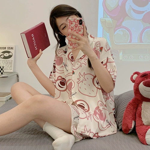 Клубника, шелковая летняя пижама, мультяшный комплект, популярно в интернете, короткий рукав