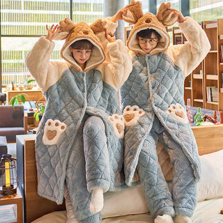 Couple's Pajamas for Women in Autumn and Winter, Men's Coral Velvet Three-Layer Quilted Pajamas, Fleece-Lined and Thickened Flannel Style Home Wear