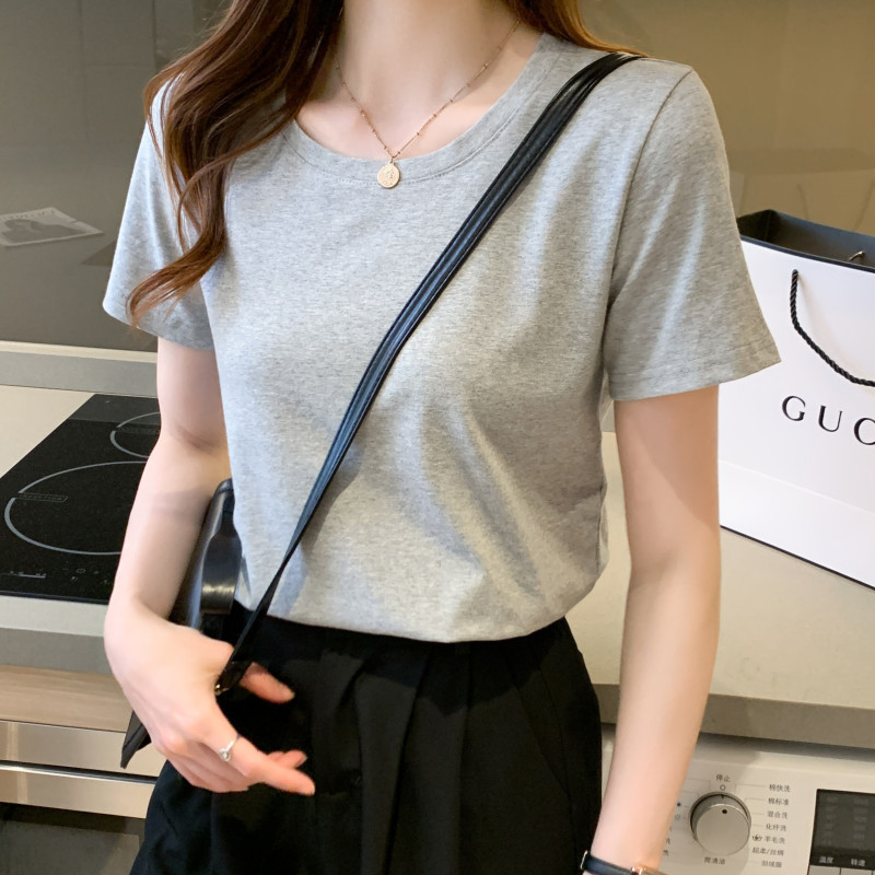 Right-Shoulder Short-Sleeve Gray T-Shirt for Women, Summer Cotton Women's Top, Round Neck, Loose-Fitting Base Shirt, Slimming T-Shirt Right-Shoulder Short-Sleeve Gray T-Shirt for Women, Summer Cotton Women's Top, Round Neck, Loose-Fitting Base Shirt, Slimming T-Shirt