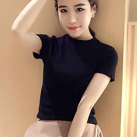 Half-high collar short-sleeved T-shirt woman 2023 new early spring one-piece Korean version blue cotton shoulder top tide - Taobao