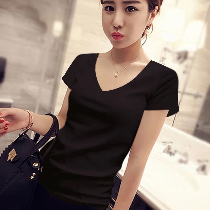 images 9:Red T-shirt black V-neck short-sleeved cotton T-shirt nuns design sense niche half-sleeved low-neck blouse looks thin summer-Taobao