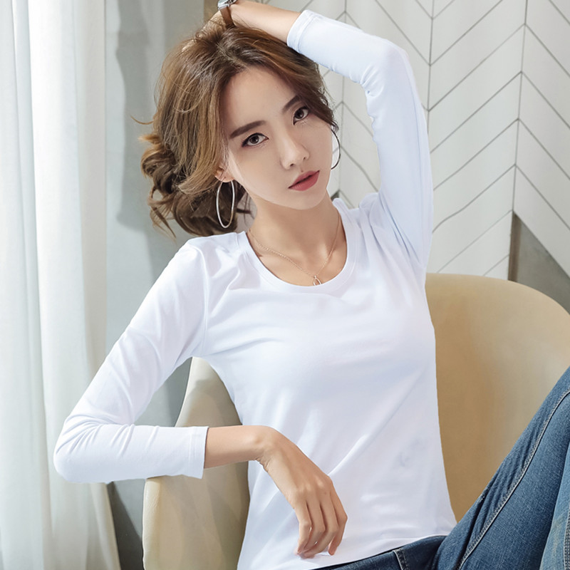 images 3:Early autumn pure cotton-white t-shirt female long-sleeved bottom shirt 2022 new black round collar tightly built low-collar autumn clothes
