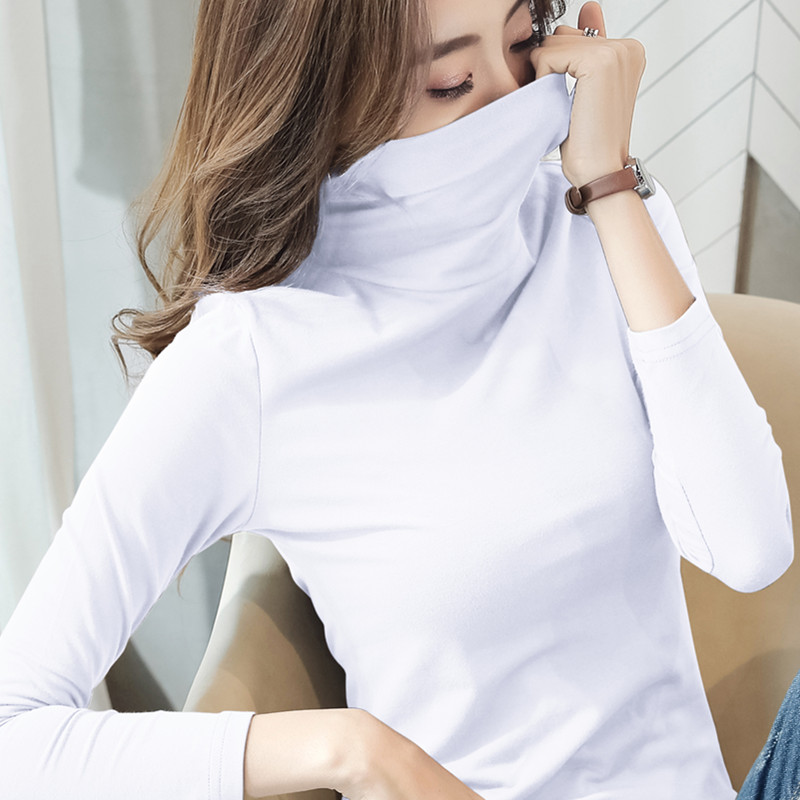 images 0:High collar primers early autumn 2022 new pile collar blue autumn and winter jacquard ladies long sleeved t-shirt blouse tide - Taobao