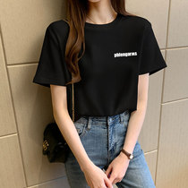 In 2022 the new summer pure cotton half-sleeved loose-leeved Han version of the black short-sleeved T-shirt female  ⁇  caterpillar red in the Internet
