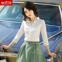 Middle Sleeve White Snowspun Shirt Woman Autumn Design Sensation Small Crowd Spring Autumn Fashion Foreign Air Blouse V Collar Temperament White Shirt