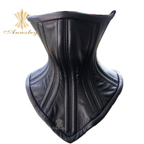 Annzley Black Bovine Leather Double Steel Bone Neck Sleeve Unisex Neck Cover Sexy Cosplay Authentic