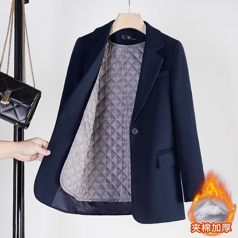 Navy Blue Woolen Blazer for Women, Autumn and Winter, Padded and Thickened, 2025 New Style, High-End Woolen Suit
